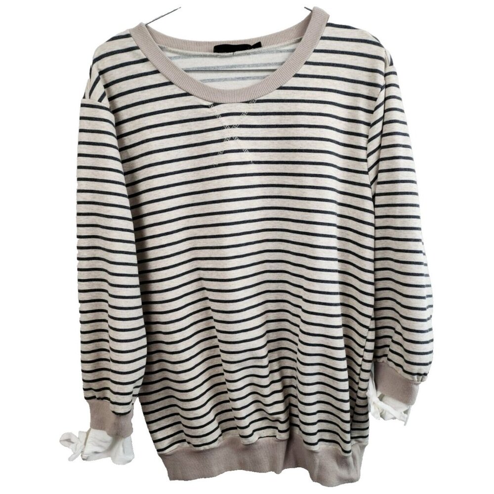Doe &‎ Rae Womens Faux Layered Sweatshirt Medium Cream Black Striped BOHO